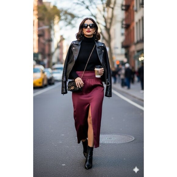 Banana Republic Wine Satin Front Slit Midi Skirt Sz 14 Coquette Feminine Flowy - Picture 1 of 7